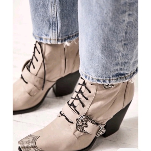 Free People Briar Buckle Lace Up Boot Leather PewterEtch...